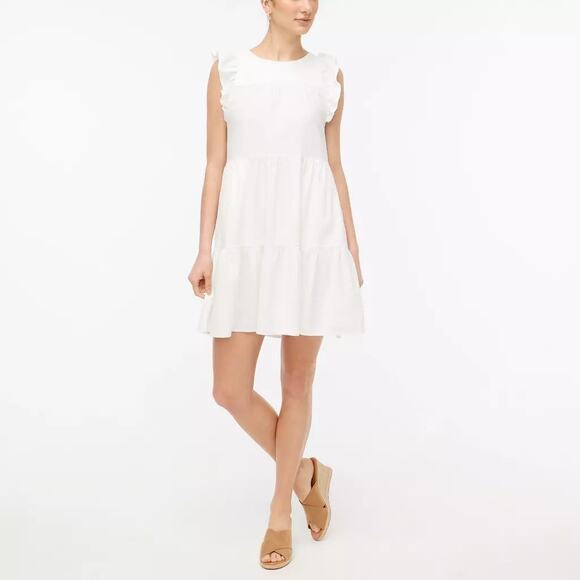 J. Crew Women's Linen-Blend Ruffle-Sleeve Tiered Mini Dress White Size 8 NWT - Picture 1 of 12